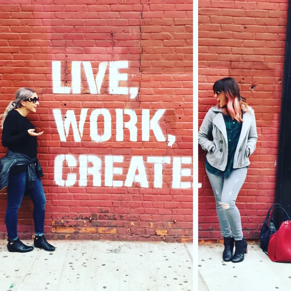 Two stylists at the “Live, Work, Create” mural, the Scotch Bonnet education crew out in the world.