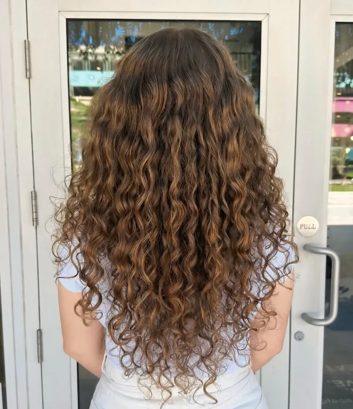 Long defined curls with sun-lightened ends, from the back at the studio door.