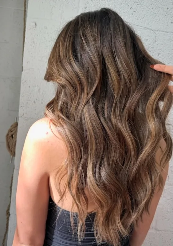 The back of a bronde balayage melt, dark root fading into sun-lightened waves.