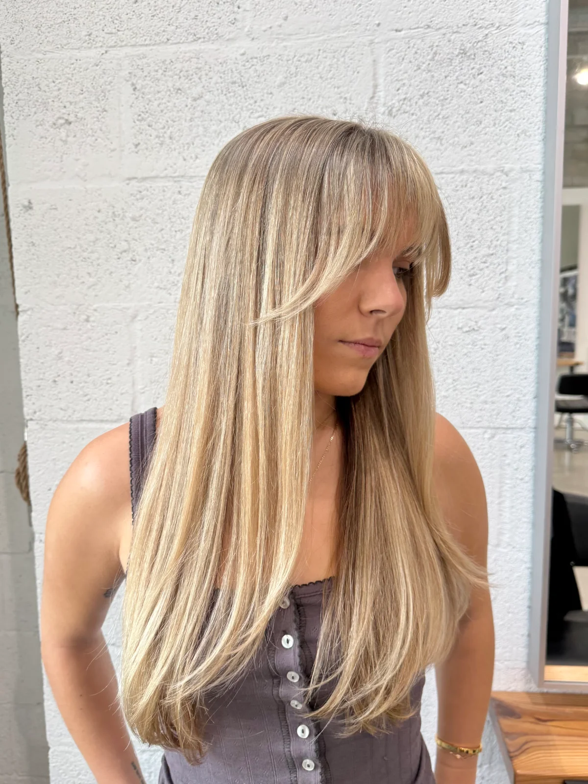curtain bangs and ashy blonde highlights / color correction